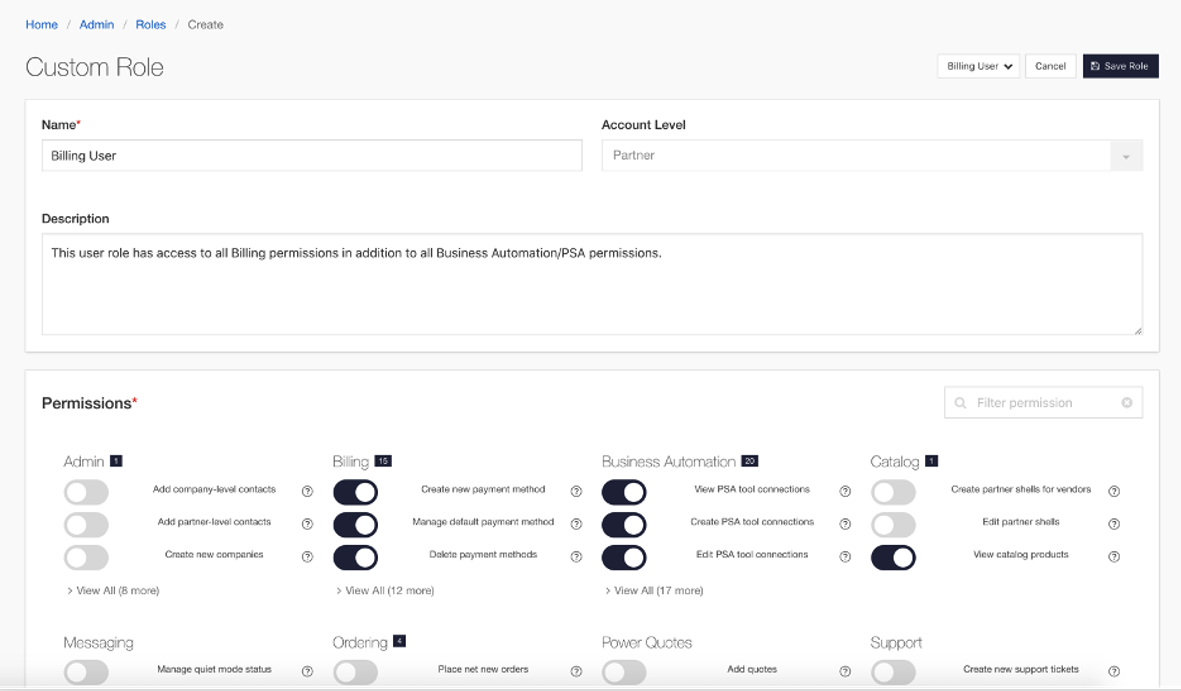 Pax8 Platform custom roles screenshot