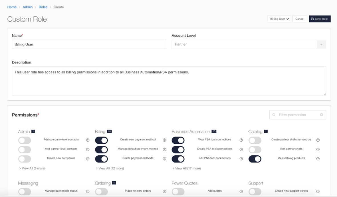 Pax8 Platform custom roles screenshot