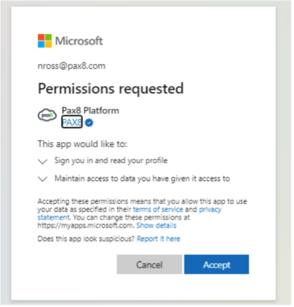 Pax8 Platform - Enterprise SSO with Azure AD permissionsscreenshot