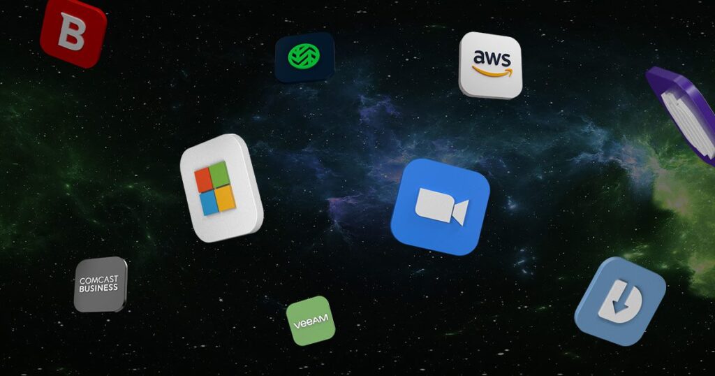 Logos for cloud software companies floating in front of a space background