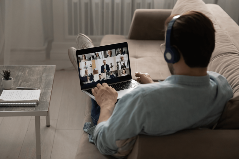 Man attending virtual channel events from his home