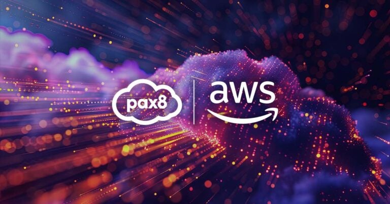 Pax8 and AWS logos on cloud background. Pax8 Obtains the AWS Cloud Operations Competency