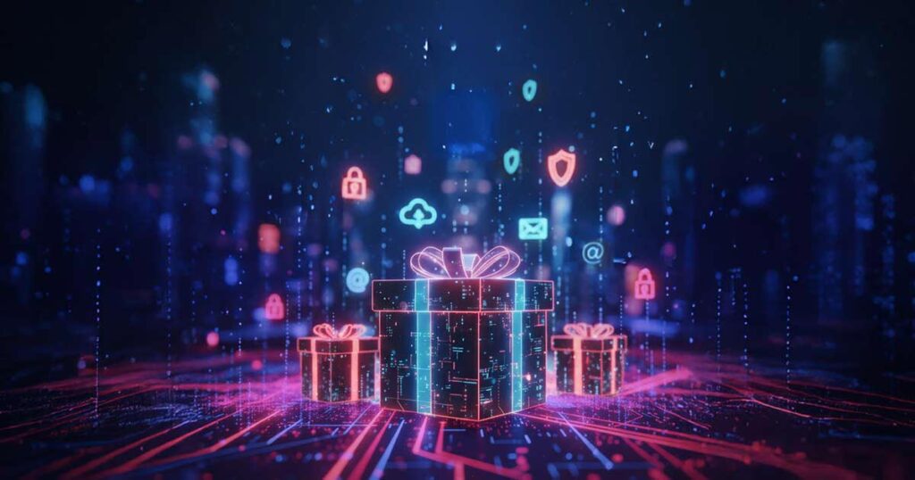 Present boxes on a digital background, representing holiday phishing scams