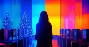 Silhouette of a woman in the Pax8 office with Christmas tree.