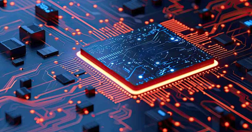 Glowing circuit board with orange underlay Microsoft Business Central Dynamics