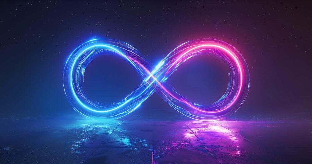 neon-infinity-sign-on-dark-background-with-reflection-on-the-ground