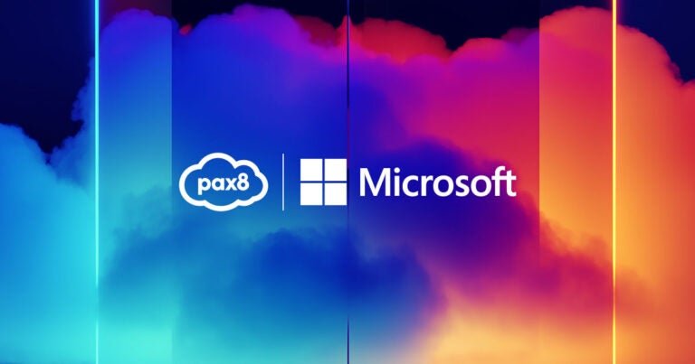 Pax8 logo and Microsoft logo on multicolor cloud background