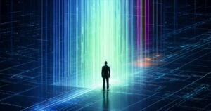 silhouetted person in futuristic digital data environment