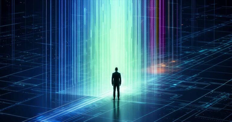 silhouetted person in futuristic digital data environment