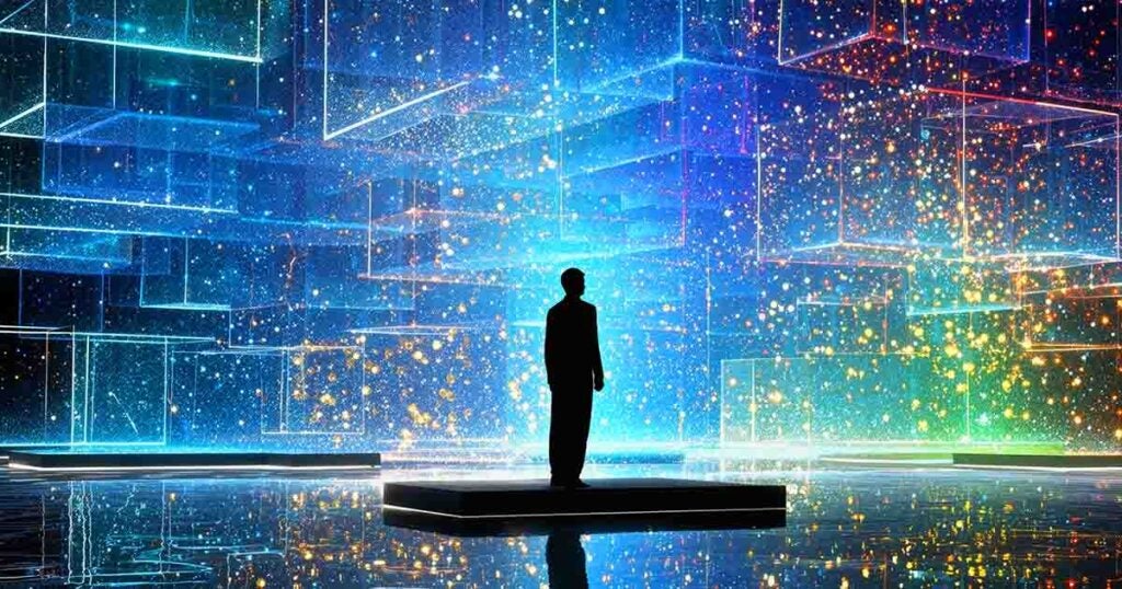 silhouetted person in futuristic digital data environment