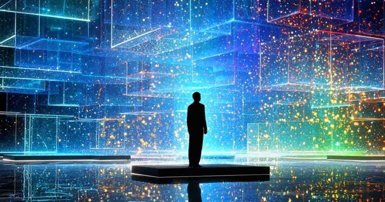 silhouetted person in futuristic digital data environment