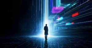 silhouetted person in futuristic digital environment