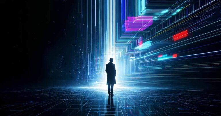silhouetted person in futuristic digital environment