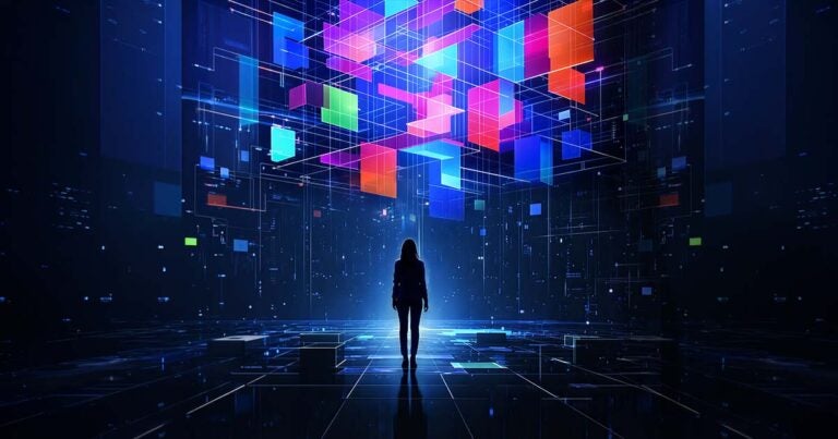 silhouetted woman in digital grid environment