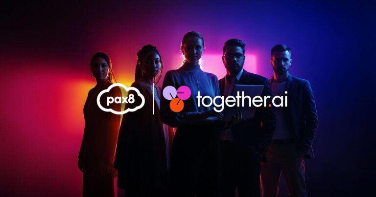 Pax8 and together.ai logos set against a neon lit background with a team of people