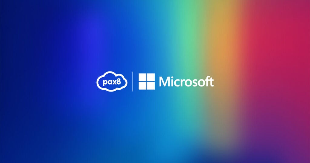 Pax8 Microsoft Monthly Update Pax8 Logo and Microsoft Logo on a multicolor background