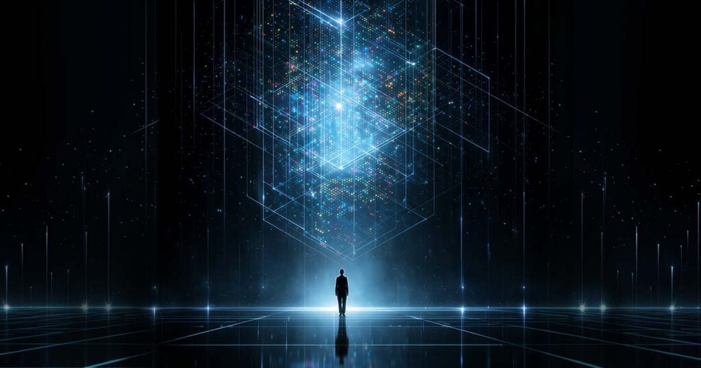 silhouetted person in digital environment