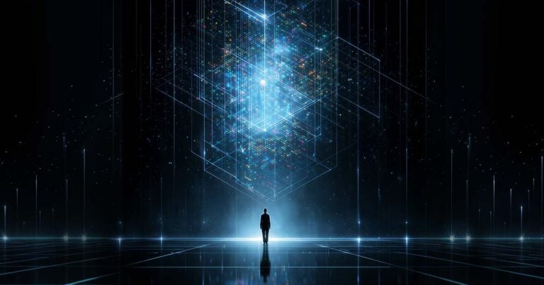 silhouetted person in digital environment