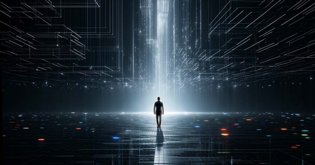 silhouetted person in digital environment