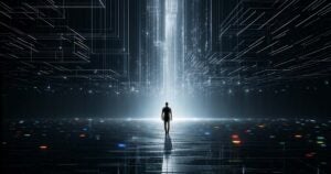 silhouetted person in digital environment