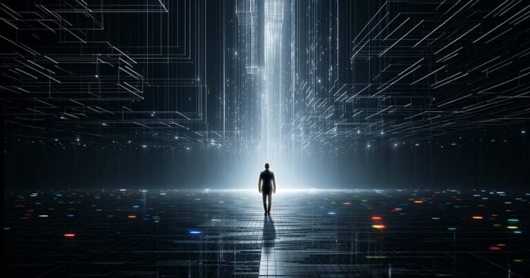 silhouetted person in digital environment