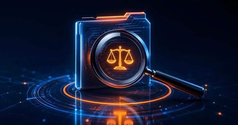Scales of Justice on a futuristic hard drive