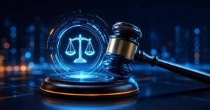 digital scales gavel on blue glowing background