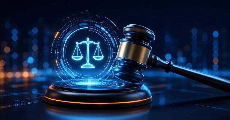 digital scales gavel on blue glowing background