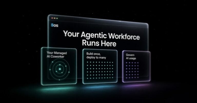 Digital screens showing 8os, the new tools to drive AI workforce management from Pax8