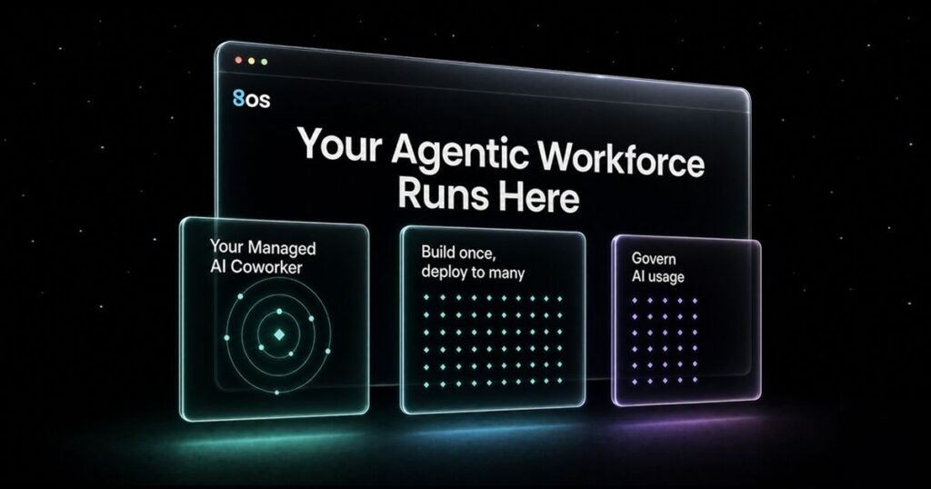 Digital screens showing 8os, the new tools to drive AI workforce management from Pax8