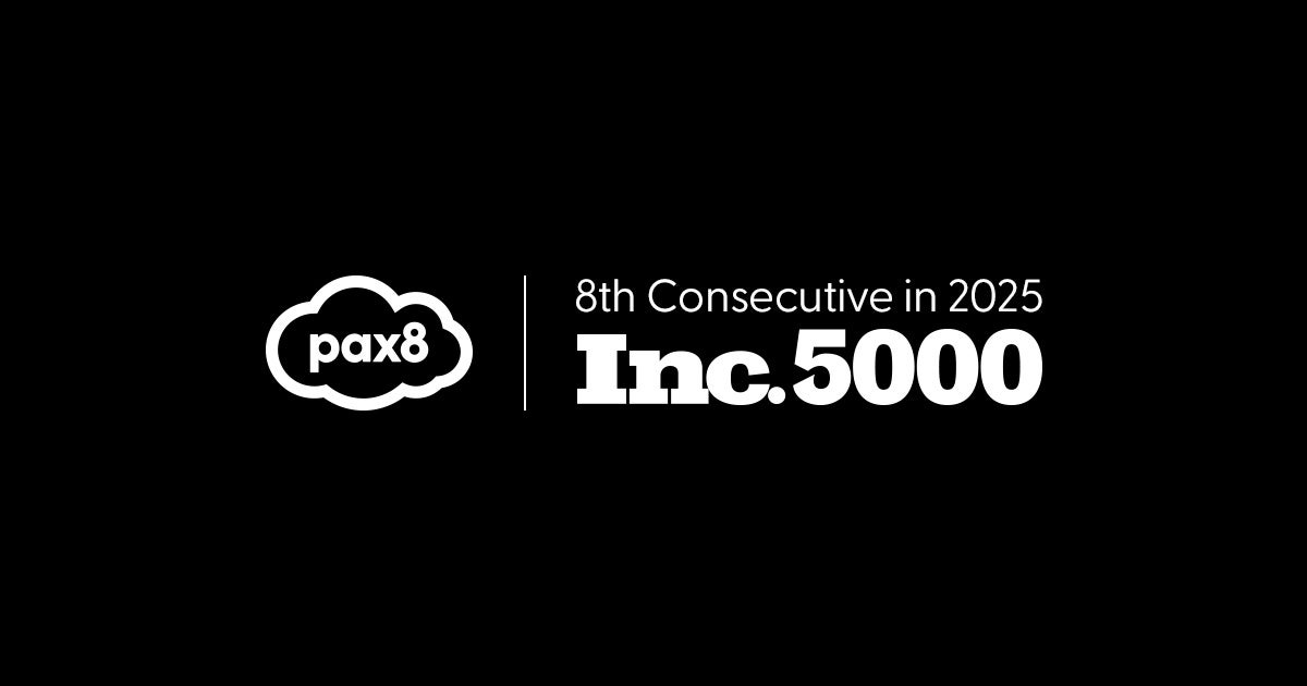 Cobranded graphic with Pax8 and Inc. 5000 celebrating Pax8's 8th year ranked on the list.