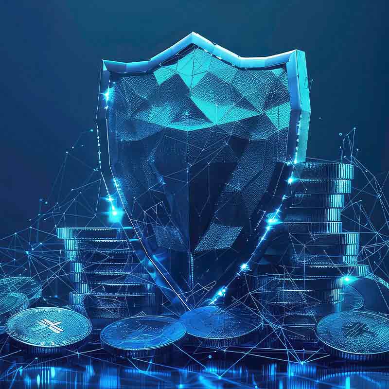 Blue geometric shield with crypto coins and stacks, linked by glowing network lines, symbolizing cyber insurance.