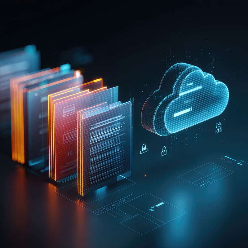 A digitized cloud icon floats in front of and protects a line of digital files with Pax8 security solutions.