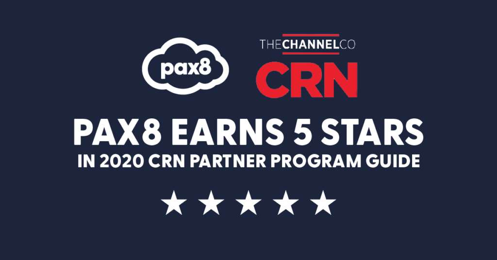 Pax8 and ChannelCo CRN logos with the words "Pax8 earns 5 stars in 2020 CRN Partner Programs Guide"