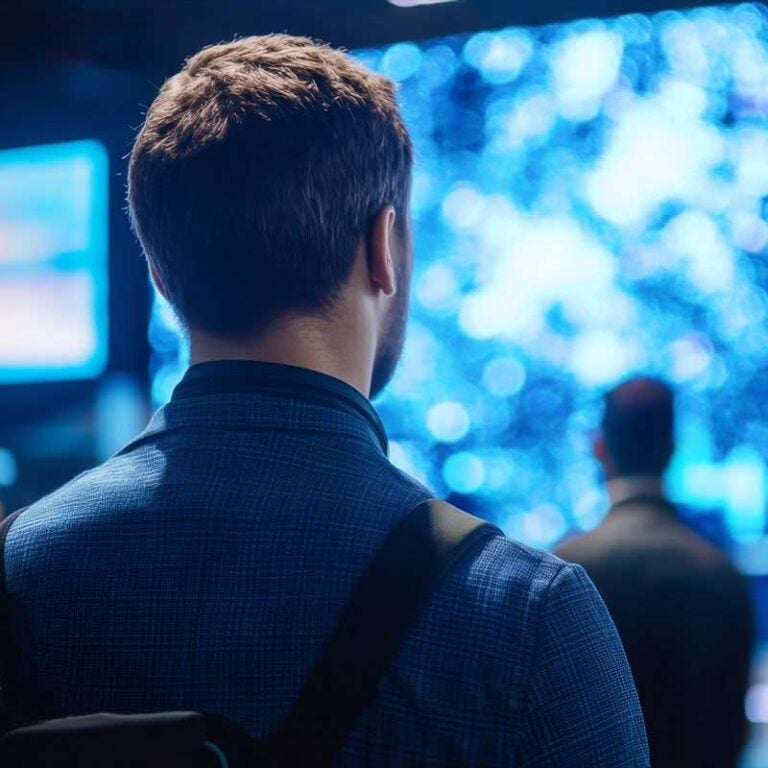 Looking over a man’s shoulder as he talks with a group of peers.