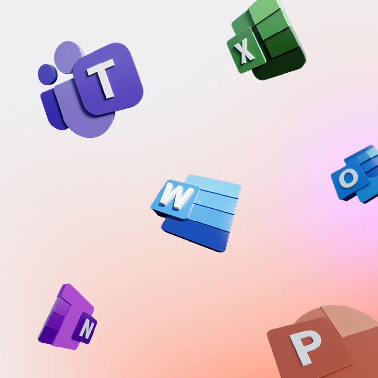 Microsoft software icons organically floating on a peach-coloured sky.