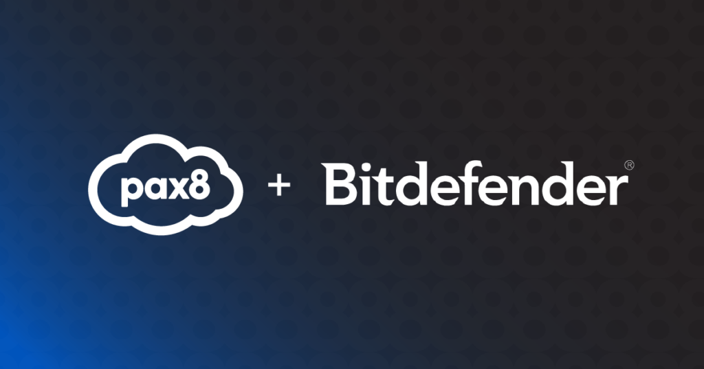 Pax8 + Bitdefender logos on a blue and black background