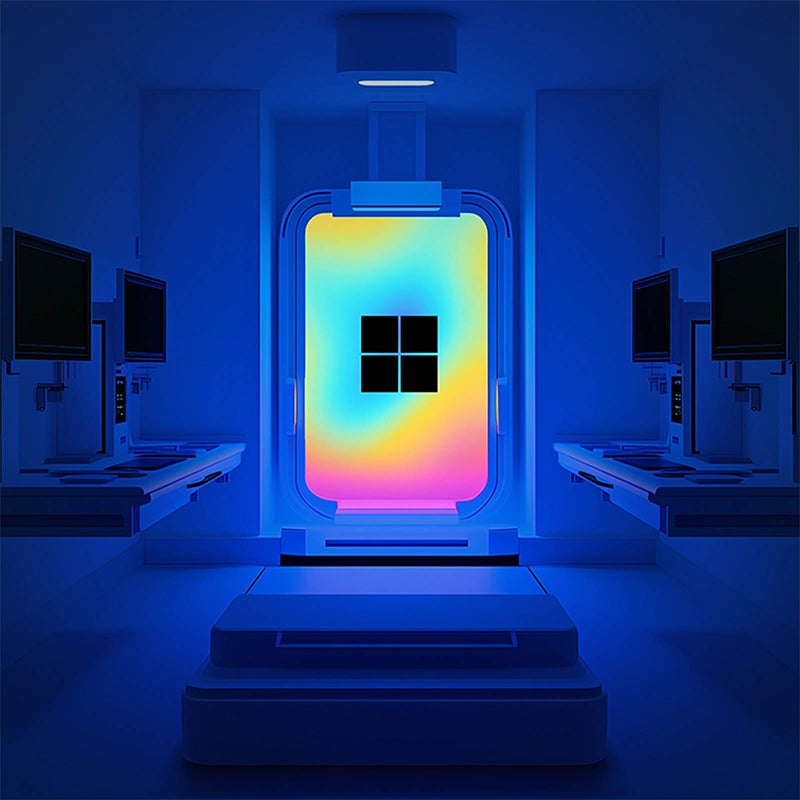 Microsoft logo on glowing door in a futuristic computer room