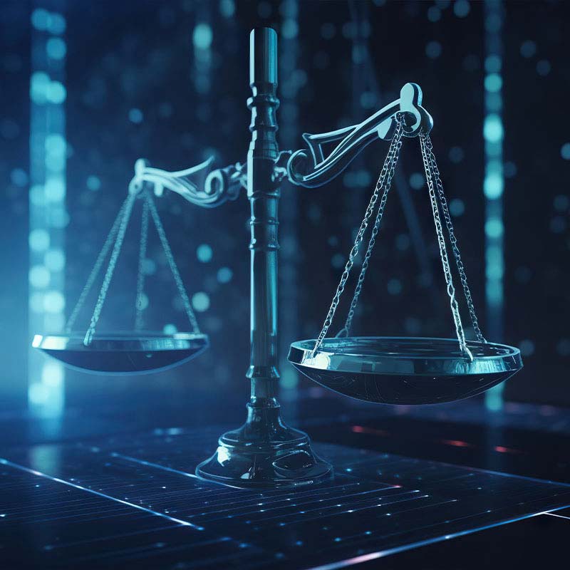 Digital scales of justice glowing in blue, symbolizing legal balance, fairness and technology in law.