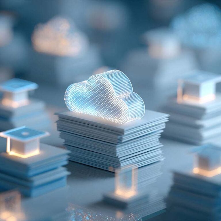 Glowing digital cloud on stacked papers, symbolizing streamlined operations and IT education.