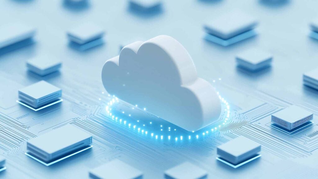 White 3D cloud on a circuit board with glowing dots, symbolizing Pax8 Marketplace and cloud solutions.