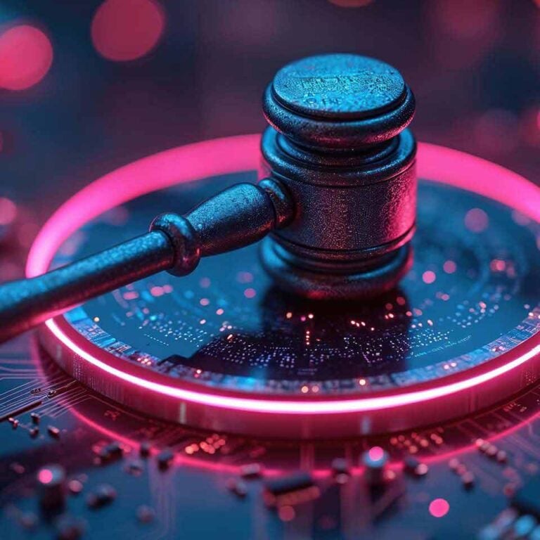 A judge's gavel taps a circuit board, sending a warm ring around it. Representing how a Copilot agent helped transform case management for a law firm.