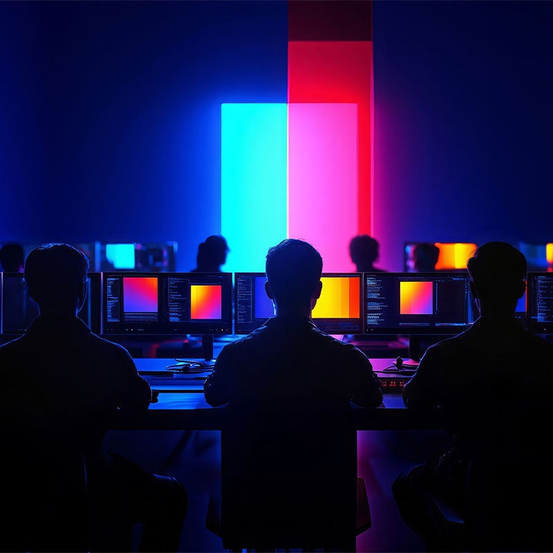 people on computers with bright panels behind