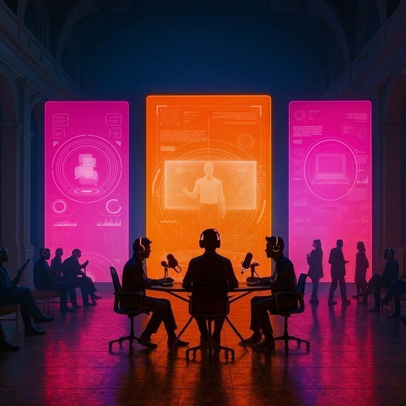 figures with headphones in front of virtual museum panels