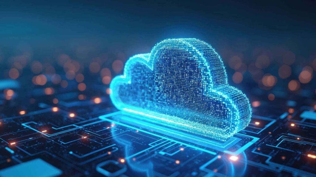 A cloud icon in glowing neon represents Sourcepass moving its client to Microsoft Azure cloud.