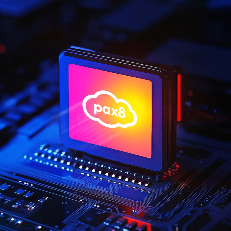 Pax8 logo on bright screen and dark circuit board