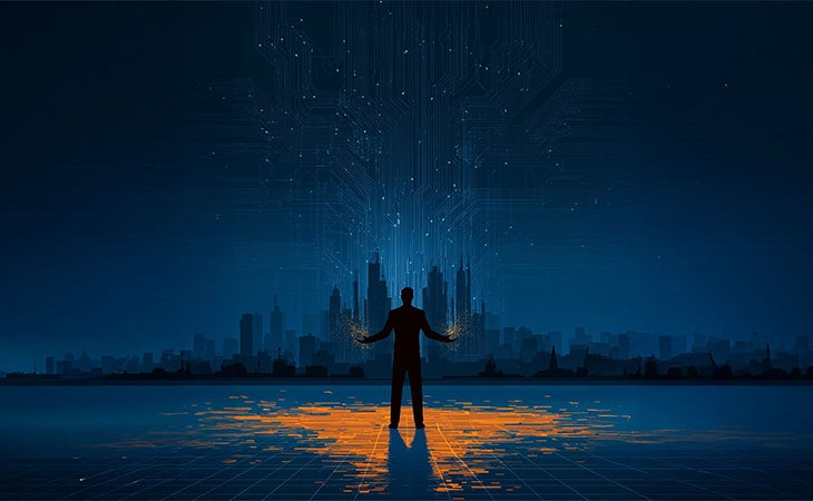 man standing in a futuristic city