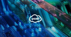 Pax8 logo on colorful tech lines