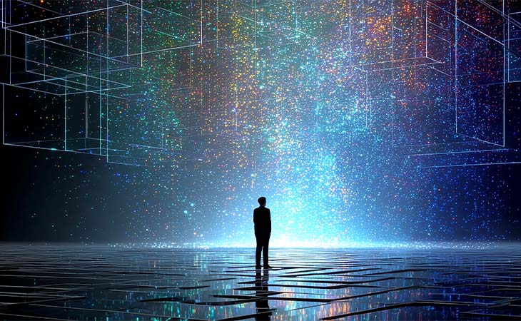 man standing on futuristic grid with colored specks raining down
