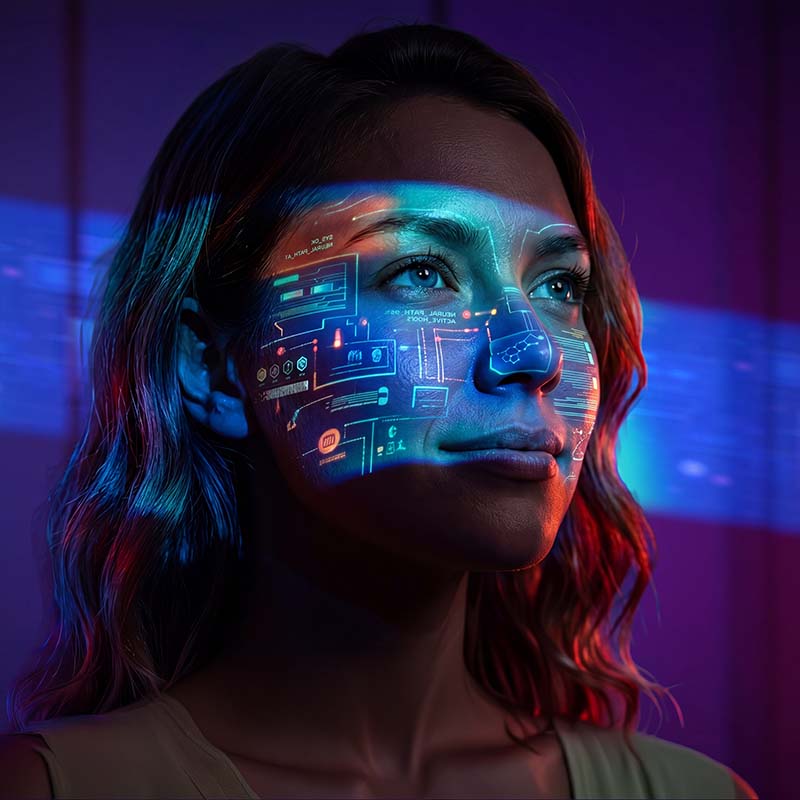 tech interface projected on woman's head